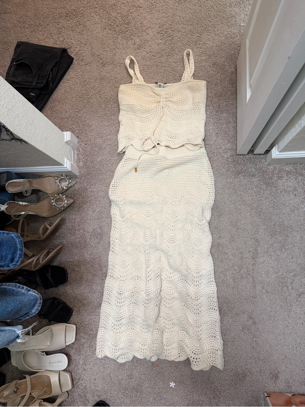 Rachel Zoe Cream Crochet Crop Top and Maxi Skirt Set